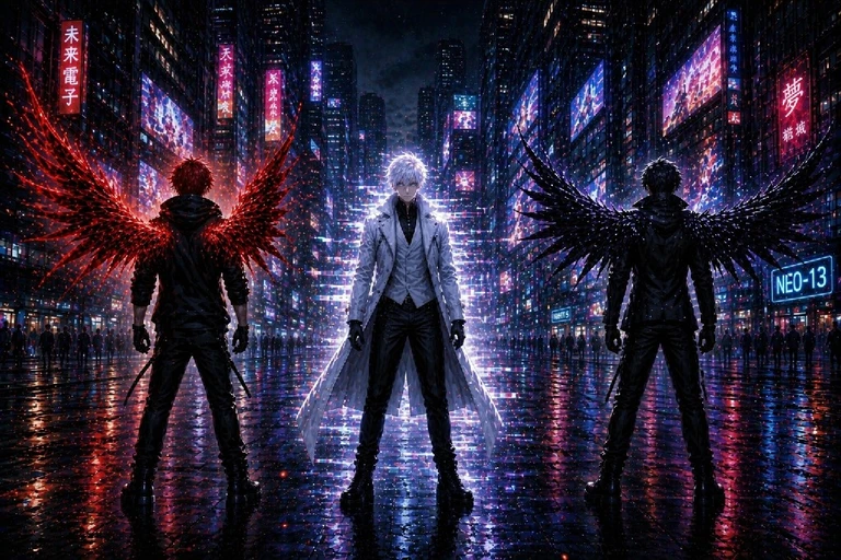 Ryunosuke (red), shiroi (White) y Kurogane (black) character artwork in a PicWar battle